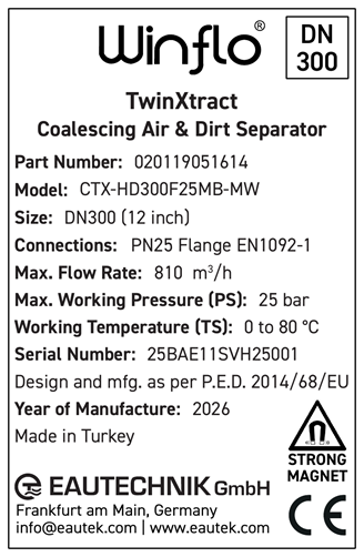 Reference Winflo TwinXtract product nameplate showing part number, model, size, duty data and serial number fields